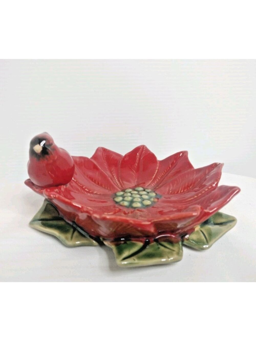 Sparrow Poinseta Candy Dish Brighten The Season  Christmas Ceramic Glazed 6"5x3"
